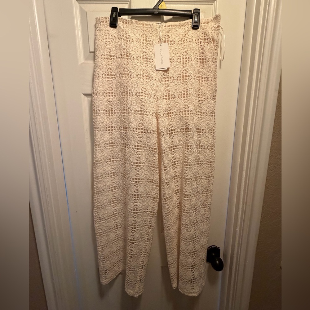 Lucy Paris Cream Crochet Wide-Leg Pants